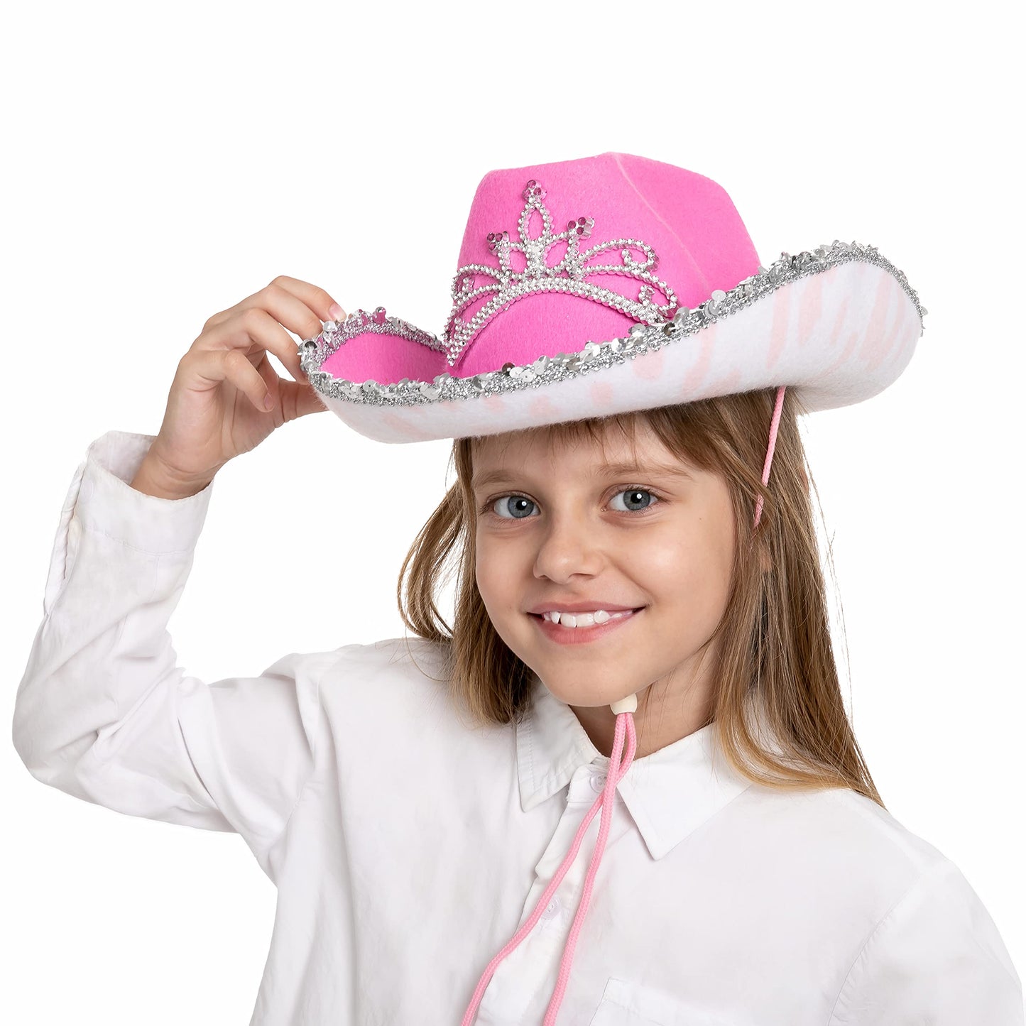 Spooktacular Creations 2 Pack Pink Cowboy Hat with Crown Blinking, Halloween Children's Pink Tiara Felt Cowboy Hats Accessories for Cosplay, Dress-up Party
