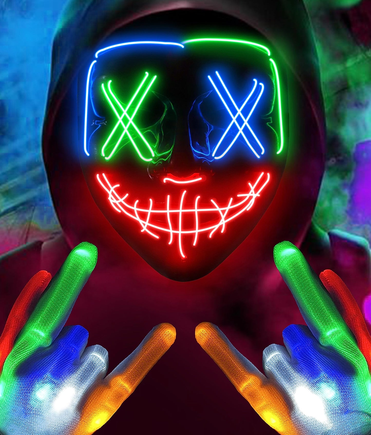 New Halloween LED Mask & Gloves in Multiple Light Modes, The Purge Mask Purge Costume, Light up Neon Gloves, Halloween Costumes for Women Kids Girls - Multicolor