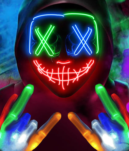 New Halloween LED Mask & Gloves in Multiple Light Modes, The Purge Mask Purge Costume, Light up Neon Gloves, Halloween Costumes for Women Kids Girls - Multicolor