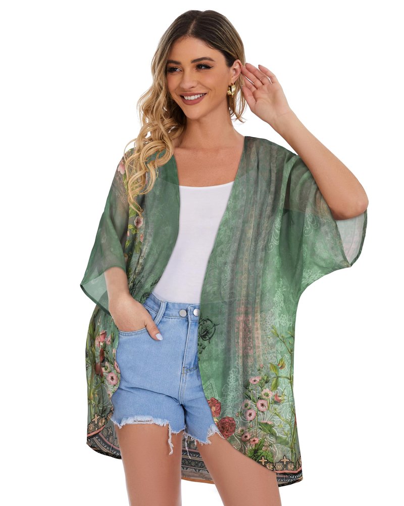 Women's Floral Print Puff Sleeve Kimono Cardigan Loose Cover Up Casual Blouse Tops(Army Green Floral,3XL)