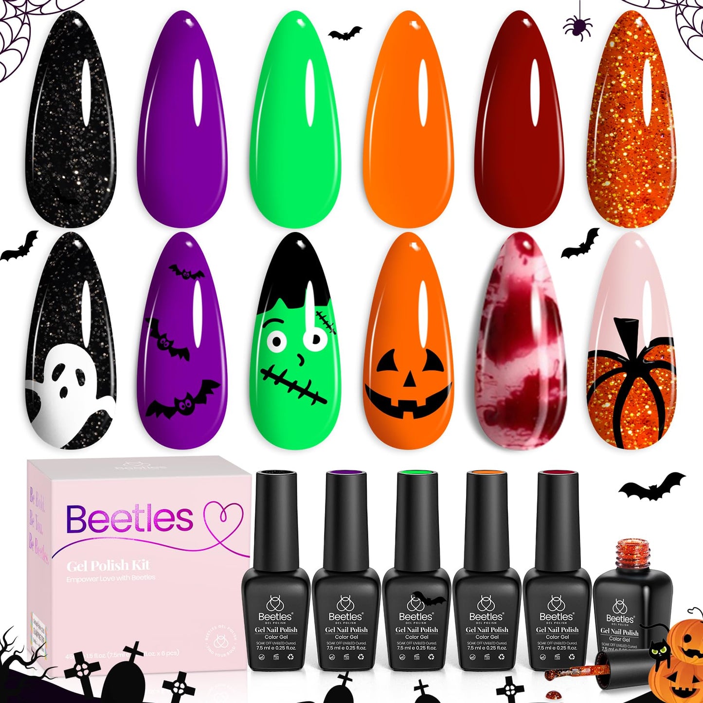Beetles Halloween Gel Nail Polish Set - Hocus Pocus 6 Colors Gel Polish Kit, Orange Green Purple Black Red Glitter Fall Colors, Soak Off Nail Lamp UV LED Cured Nail Art Design Manicure Gift for Women
