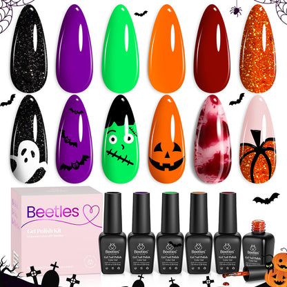 Beetles Halloween Gel Nail Polish Set - Hocus Pocus 6 Colors Gel Polish Kit, Orange Green Purple Black Red Glitter Fall Colors, Soak Off Nail Lamp UV LED Cured Nail Art Design Manicure Gift for Women