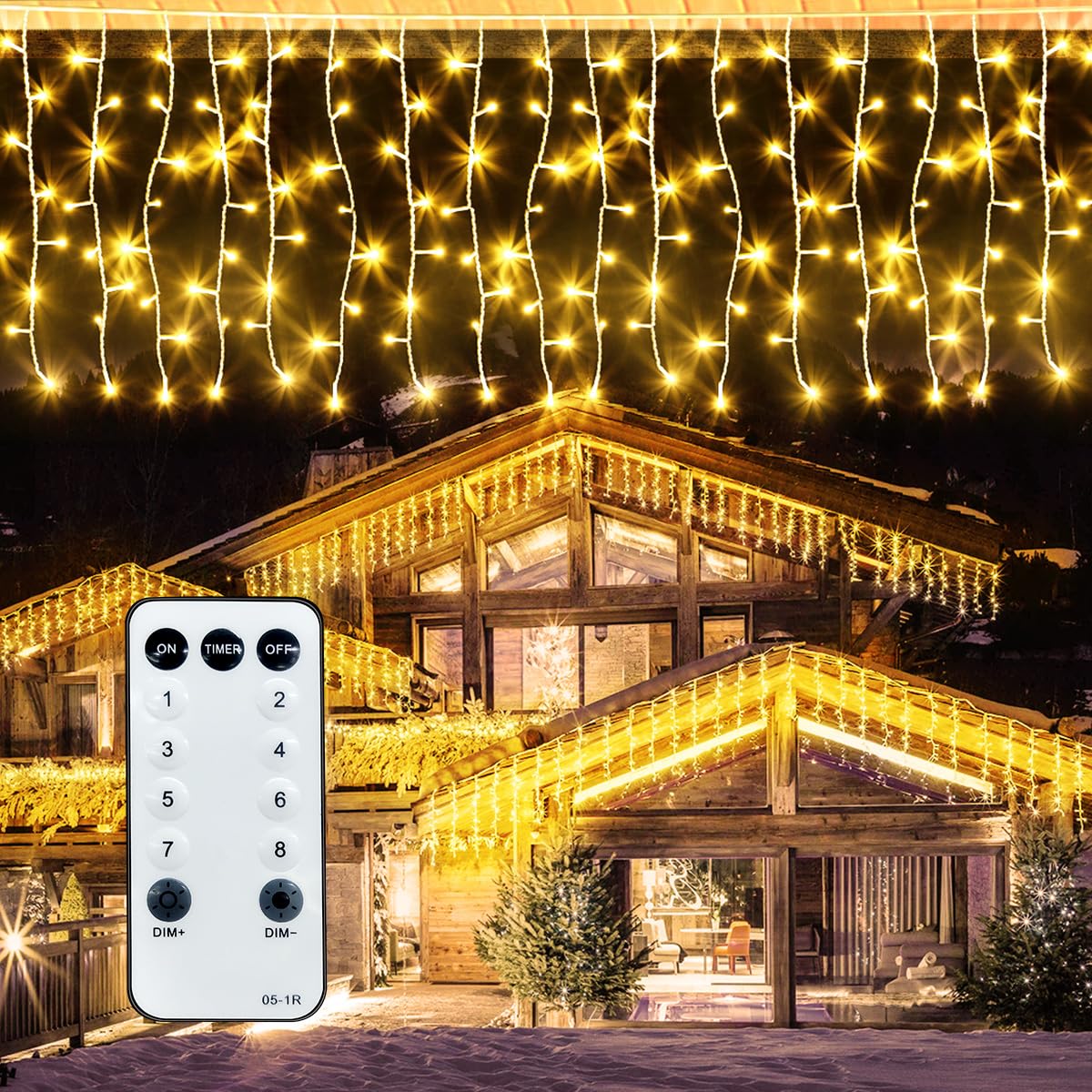 ROSCOO 32.8FT Icicle Lights, Christmas Outdoor with 400LED 75 Drops, IP65 Waterproof Eaves Lights, 8 Modes, for Christmas Eaves Garden Room Decoration Warm White
