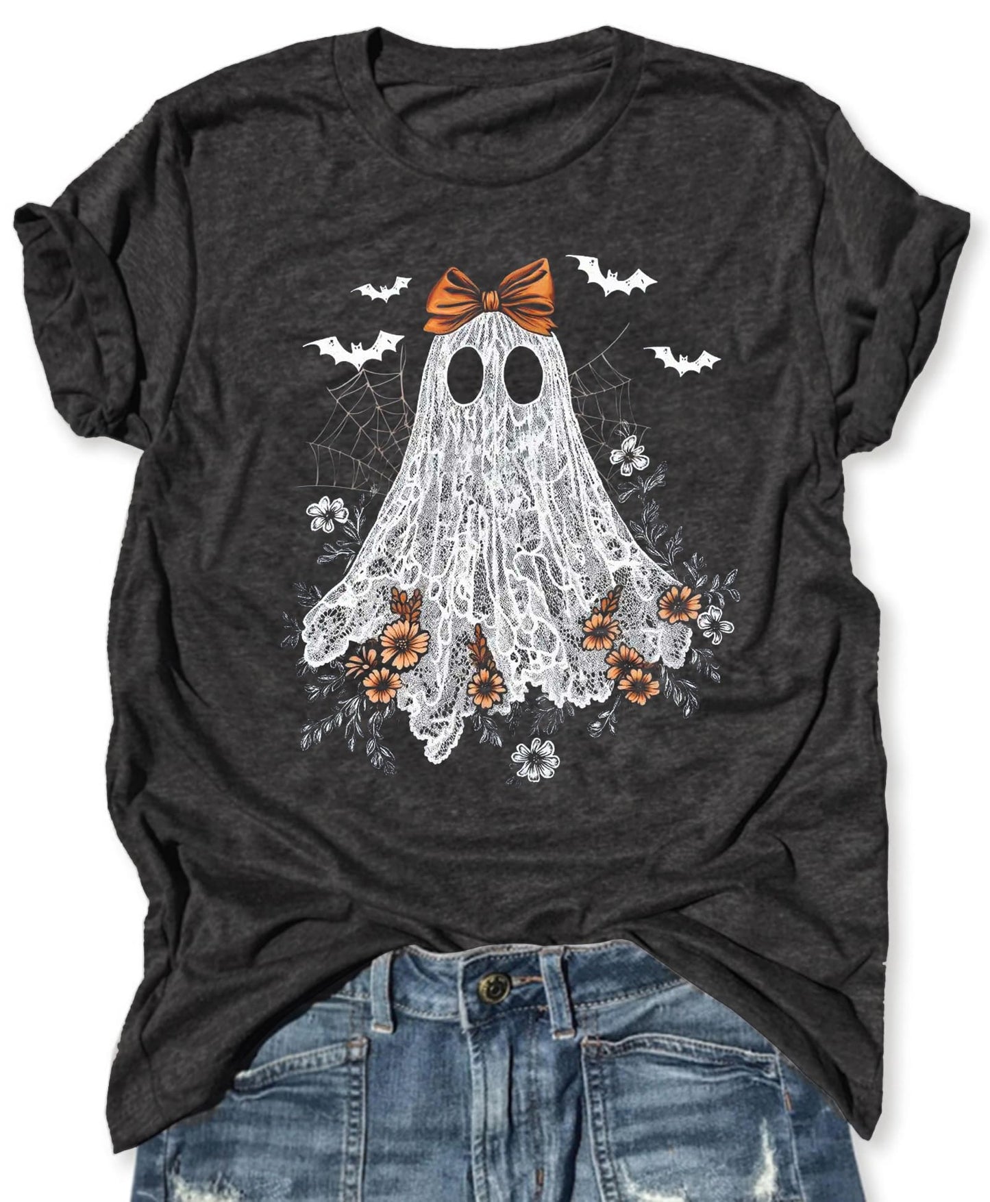 Ghost Halloween Shirts Women Cute Lace Ghost Graphic Halloween Shirt Funny Halloween Shirts Casual Halloween Party Tops (L, Ghost A-Dark Grey)