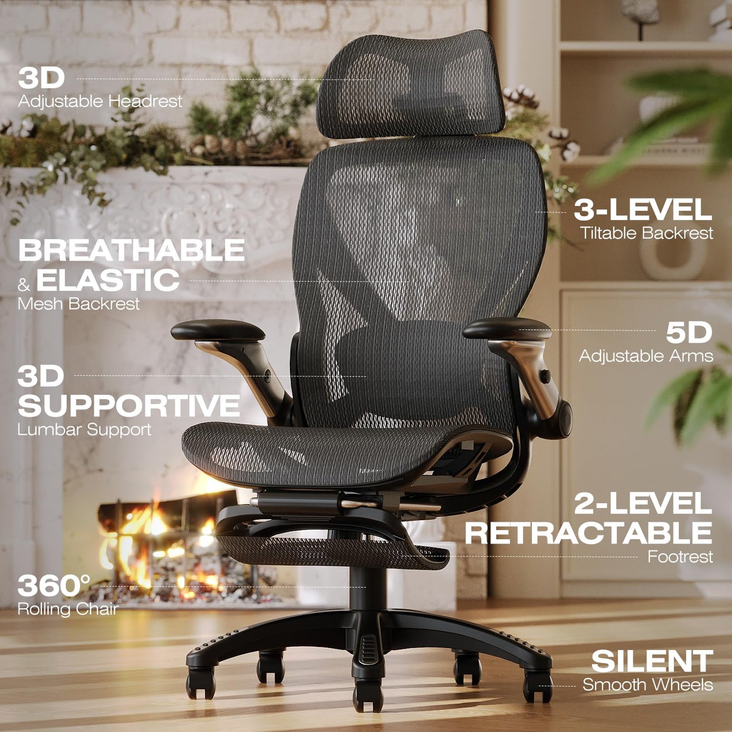 ELABEST X100 Ergonomic Office Chair with Footrest, Big and Tall Home Desk Chair with 5D Flip-Up Arms, Adjustable 3D Adaptive Lumbar Support,High Back Rolling Computer Chair, Swivel Gaming Mesh Chairs