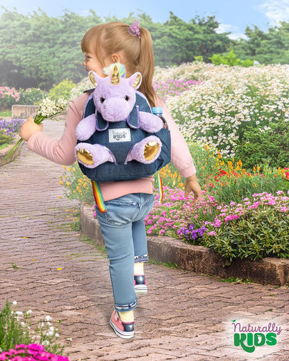 Naturally KIDS Small Unicorn Backpack - 3-4 Year Old Girl Gifts - Toddler Backpack for Girl Boy w Stuffed Animal - Toys for 3 Year Old Girls - w Pockets & Reflective Logo - Backpack w Purple Unicorn