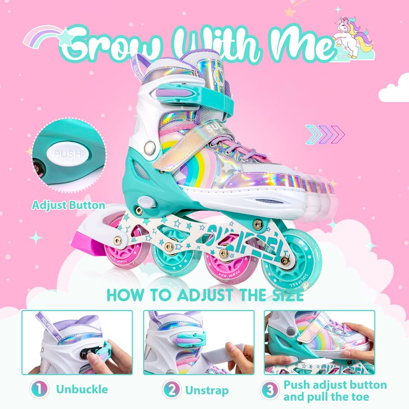 SULIFEEL Rainbow Unicorn Inline Skates for Girls Boys 4 Size Adjustable Light up Wheels Skates for Kids Beginner Small