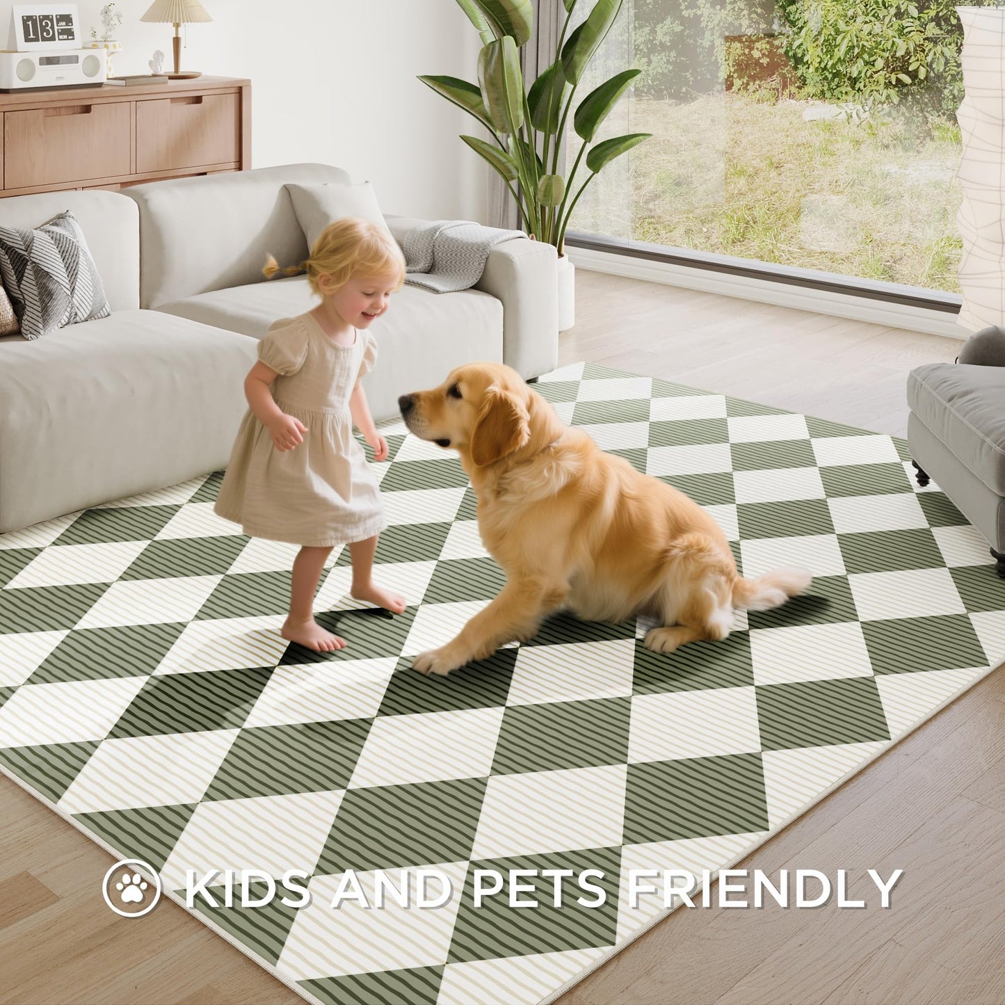 ARKIIKI 5x7 Washable Checkered Rugs for Bedroom, Green and White Area Rug for Living Room, Geometric Faux Wool Carpet for Kids, Girls, Boys Playroom, Dorm, Nursery, Dining Room, Kitchen, Non Slip