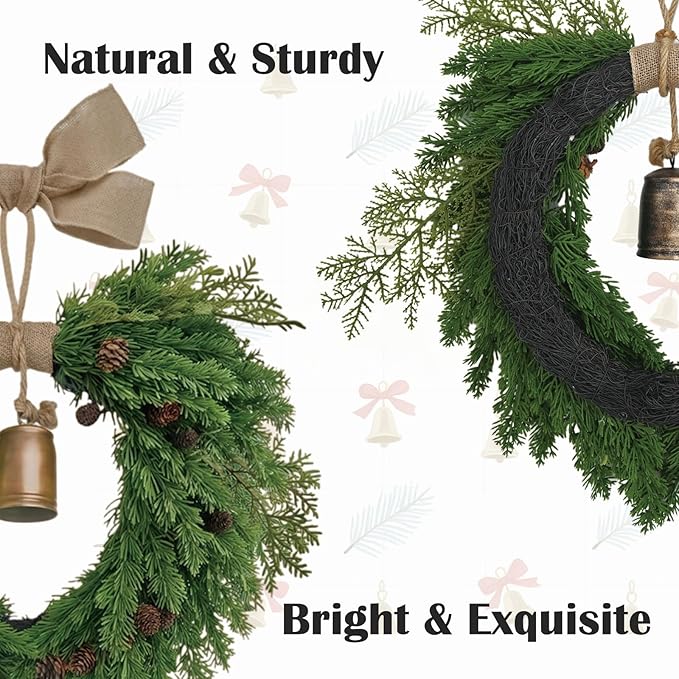 Christmas Wreath for Front Door, Heart-Shaped Holiday Wreath with Bell & Real Pine Cones, Artificial Green Leaves for Indoor & Outdoor Wall Decor, Garden Party Decoration (20 inches)