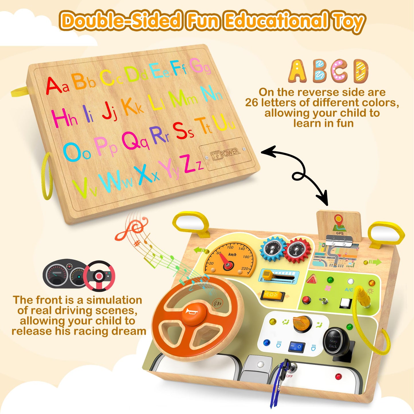 JGOBUB Montessori Toddler Toys - Baby Wooden Busy Board - Sensory Toys with Light Switch - Travel Toys for Educational Toddler Activities for Toddlers 1 2 3 4+ Year Old