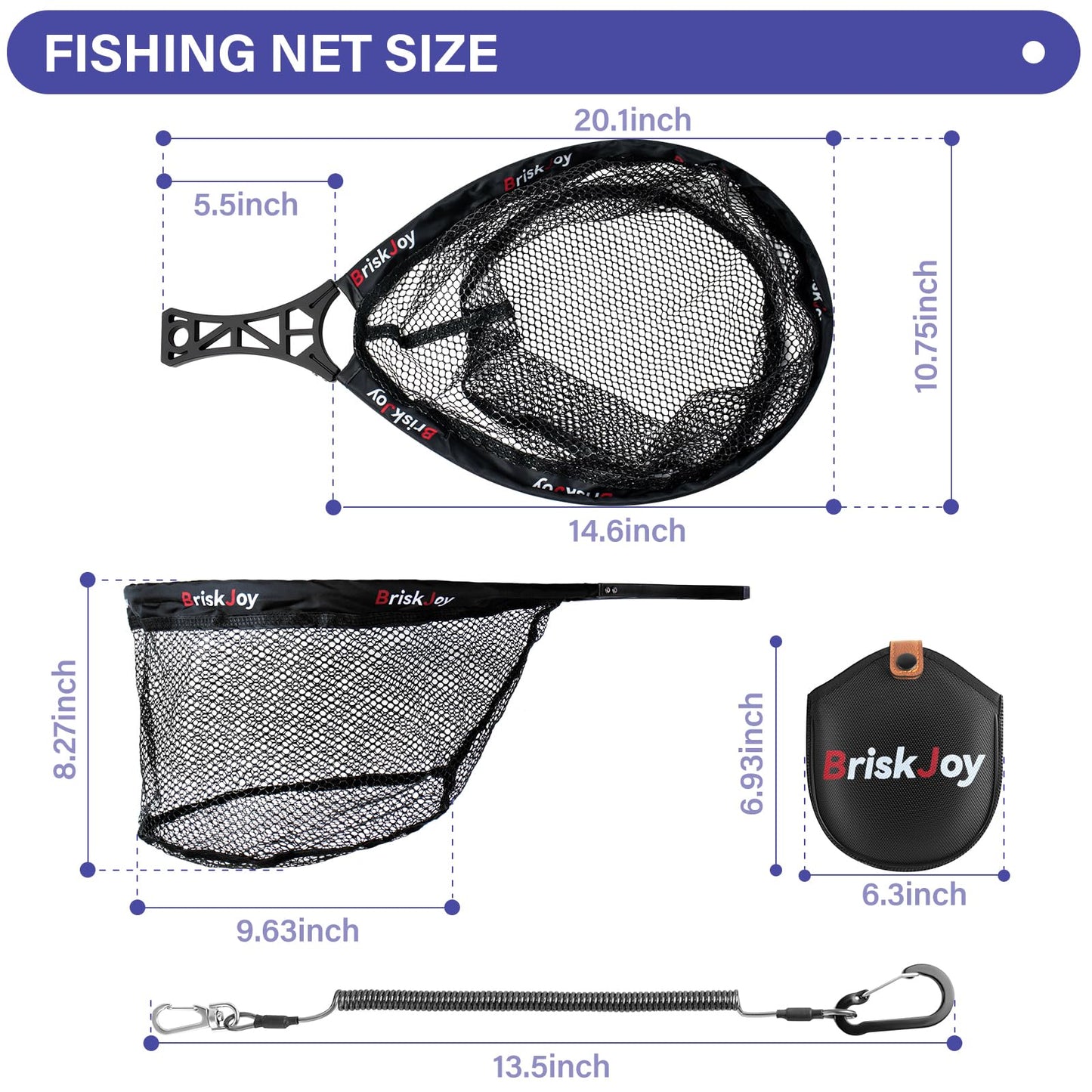 BriskJoy Fly Fishing Net – Foldable Trout Net for Tenkara, Kayak & Wading, Ultralight Hiking & Backpacking Landing Net with Rubber Coated Mesh for Catch and Release, Includes Storage Bag & Lanyard