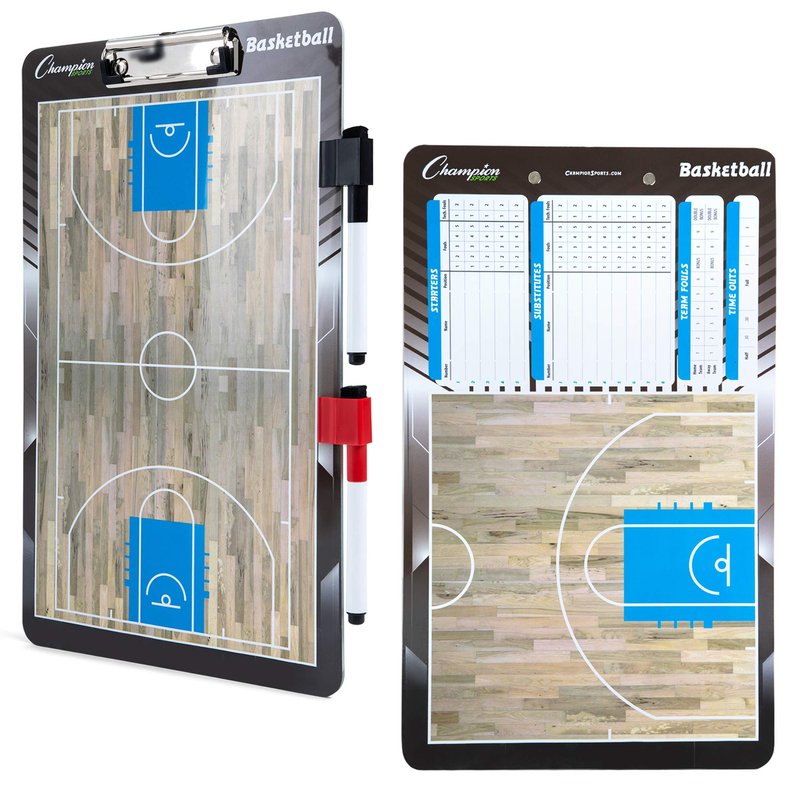 Champion Sports Dry Erase Clipboard for Coaching Basketball - Whiteboards for Strategizing, Techniques, Plays - 2-Sided Clipboards with Clip - Front Side Full Court - Backside Half Court and Lineup