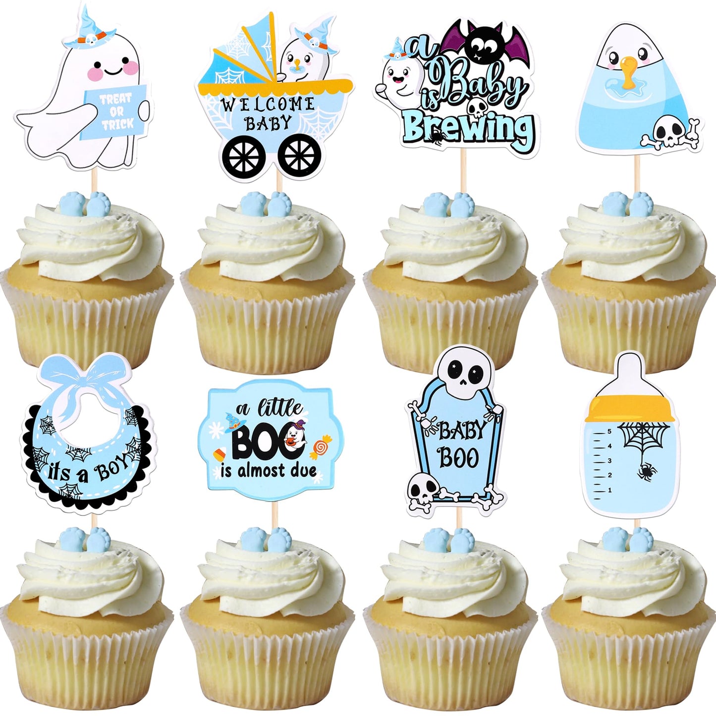 32 PCS Halloween Baby Shower Cupcake Toppers Ghost Bat Welcome Baby Boo Cupcake Picks Baby Carriage Bottle It's a Boy Cake Decorations for Halloween Theme Baby Shower Boys Birthday Party Supplies