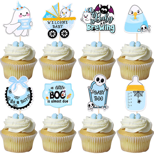 32 PCS Halloween Baby Shower Cupcake Toppers Ghost Bat Welcome Baby Boo Cupcake Picks Baby Carriage Bottle It's a Boy Cake Decorations for Halloween Theme Baby Shower Boys Birthday Party Supplies