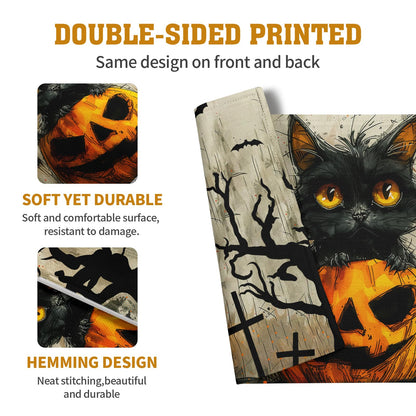 Halloween Black Cat Pumpkin 12x18 Placemats Set of 4 Happy Halloween Bat Branch Linen Table Place Mat Seasonal Fall Washable Heat Resistant Non Slip Table Placemats for Party Kitchen Dining Decor