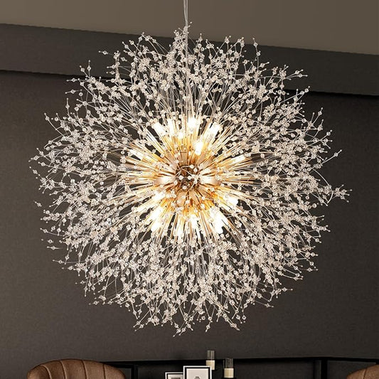 Large Dandelion Crystal Chandeliers, 24-Light Crystal Firework Pendant Lighting, 120W Gold Sputnik Hanging Chandelier Light Fixtures for Living Room Hallway