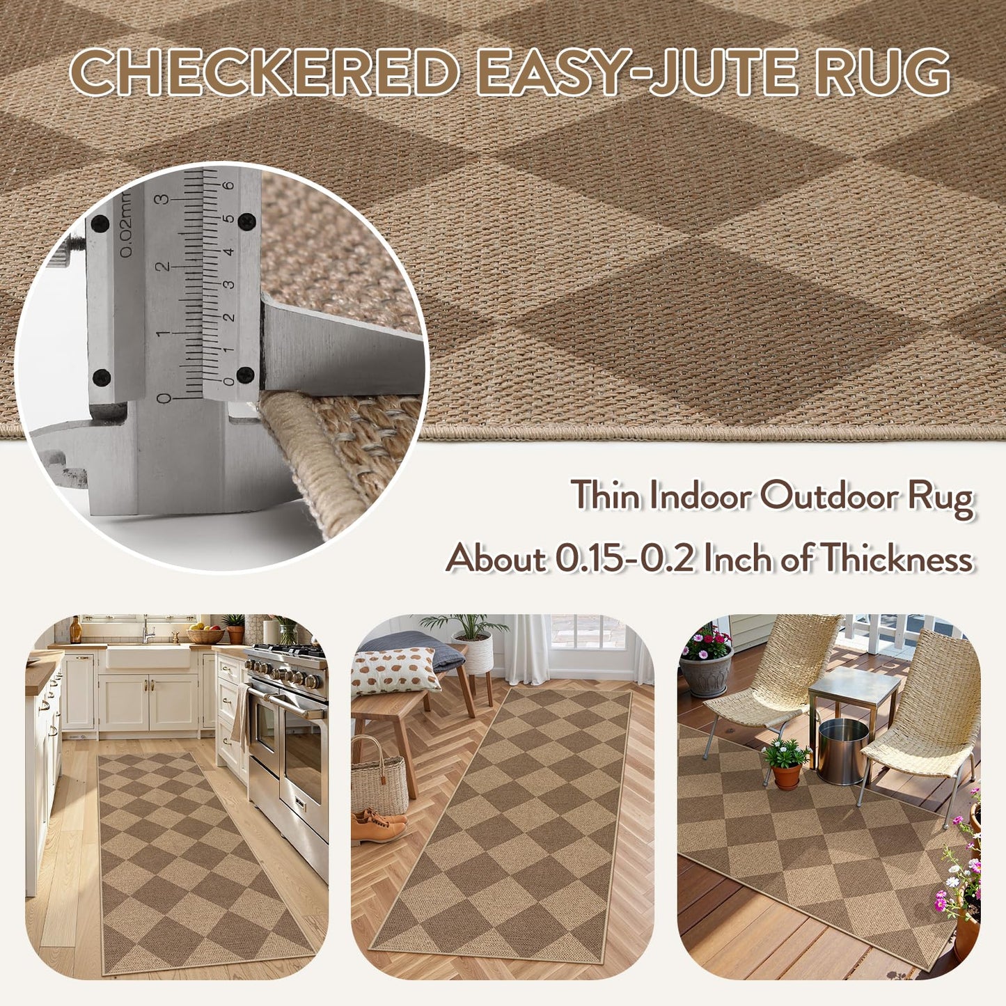Lahome Colette Checkered Easy Jute Runner Rug, 2x6 Kitchen Mats for Floor Non Slip Washable Entryway Runner, Checkerboard Nature Indoor Outdoor Carpet for Hallway 6ft Entry