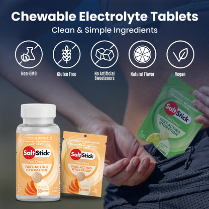 SaltStick FastChews Electrolytes - 60 Chewable Electrolyte Tablets - Salt Tablets for Running, Fast Hydration, Leg Cramps Relief, Sports Recovery - Non-GMO, Vegan, Gluten Free (Peach)
