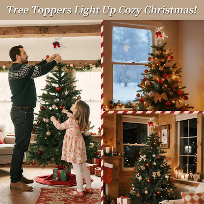 Lewondr Christmas Tree Topper, 11'' Metal Reindeer Christmas Star Tree Topper with Pine Leaves and Bow,30 LED Bulbs,6H Timer, 8 Light Modes, USB & Remote Control Deer Treetop for Home Xmas Decor,White