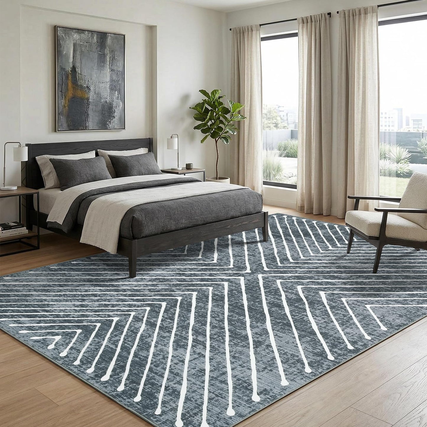 Garvee 8x10 Rugs for Living Room Geometric Rug for Bedroom Washable Rugs Contemporary Stain Resistant Easy Cleaning Non Slip Floor Cover for Dining Room Office Nursery, Dark Grey