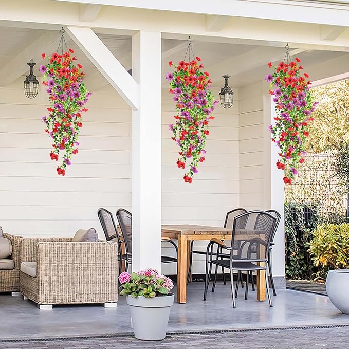 Artificial Fake Hanging Flowers Plants for Outdoor Spring Summer Autumn Decoration, 4pcs Faux Silk Realistic UV Sun Resistant Daisy for Outside Porch Patio Window Box Yard Home Decor (Red Purple)