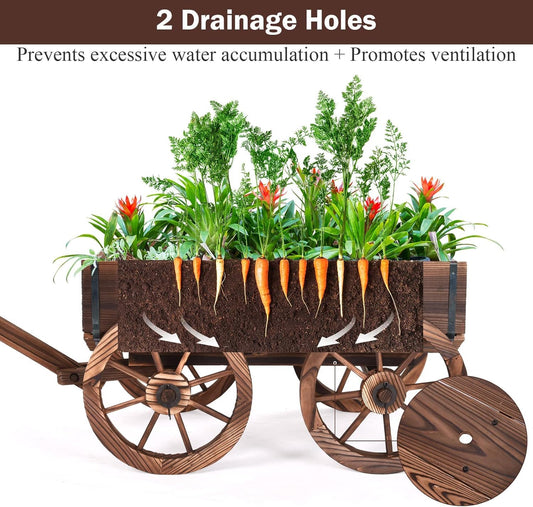 LDAILY Wooden Wagon Planter Pot, Decorative Flower Cart with Handle, Wheels, Drain Holes, Outdoor Rustic Wheelbarrow Planter Stand for Patio, Garden, Backyard, Balcony, Brown