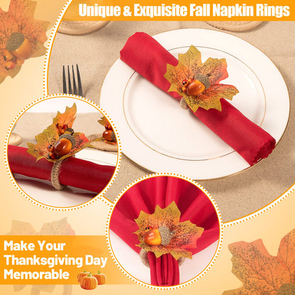 Thanksgiving Napkin Rings Set of 12- Fall Napkin Rings Holders with Harvest Acorns Maple Leaf for Autumn Thanksgiving Themed Party Wedding Family Gathering Farmhouse Table Decor