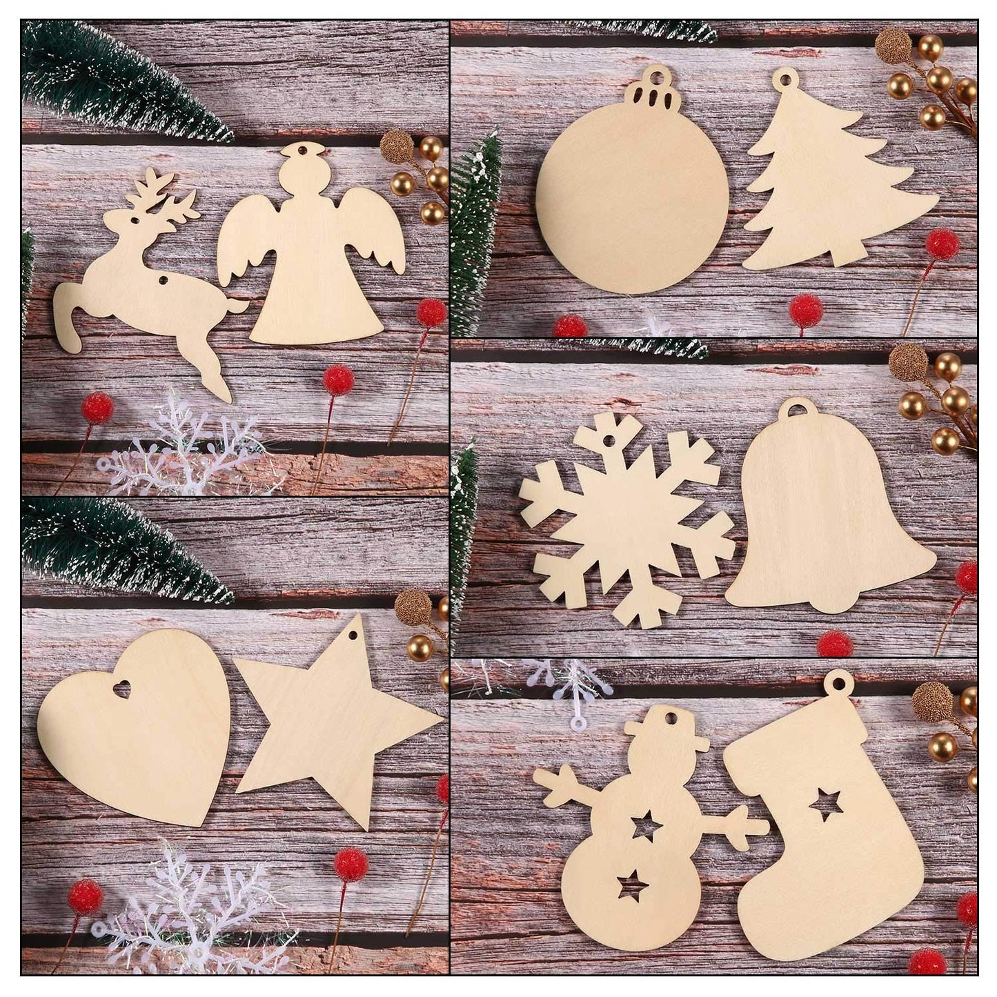 Tatuo 120 Pieces Unfinished Wooden Ornaments Christmas Wood Ornaments Hanging Embellishments Crafts for DIY, Christmas Hanging Decoration in 10 Shapes