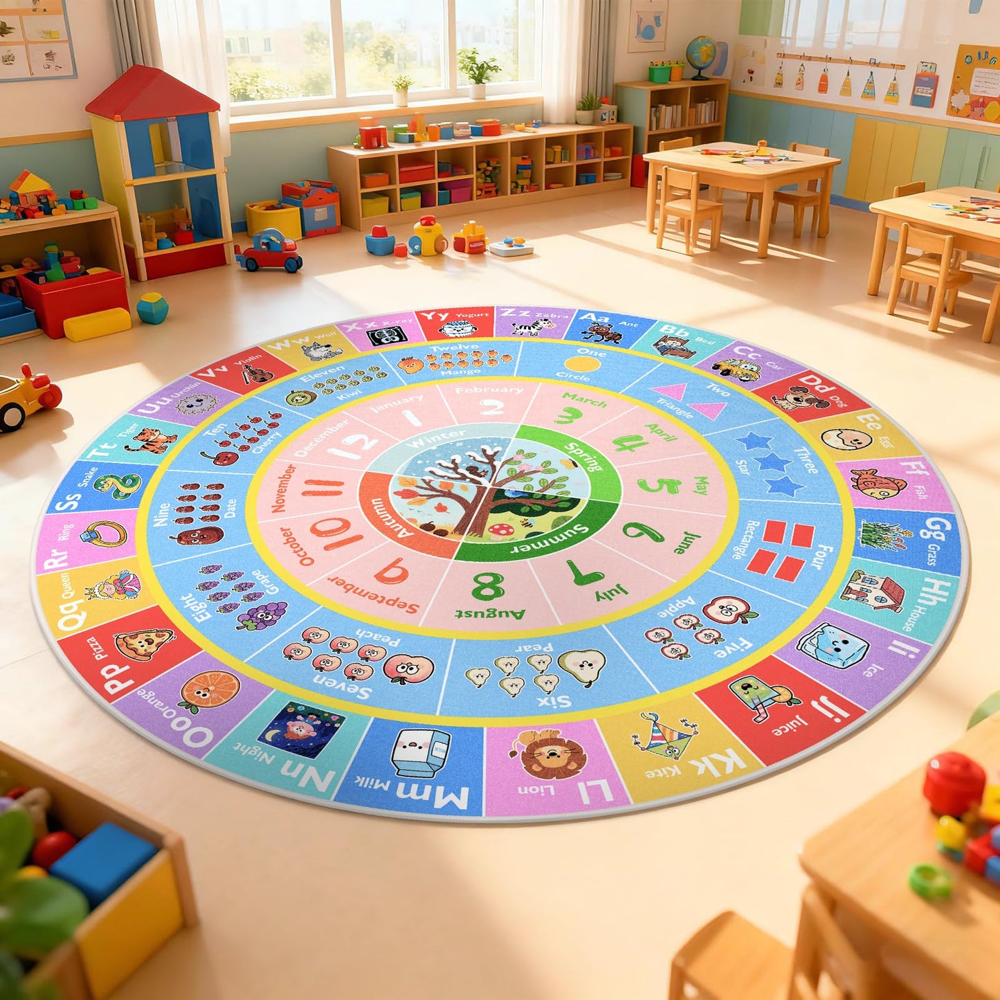 ABC Round Kids Rug for Playroom, 4x4 ft Alphabet Small Classroom Rug, Educational Kids Play Mat With Number Shape Season, Learning Area Rug for Nursery Bedroom Kidsroom, Colorful Non-Slip Washable
