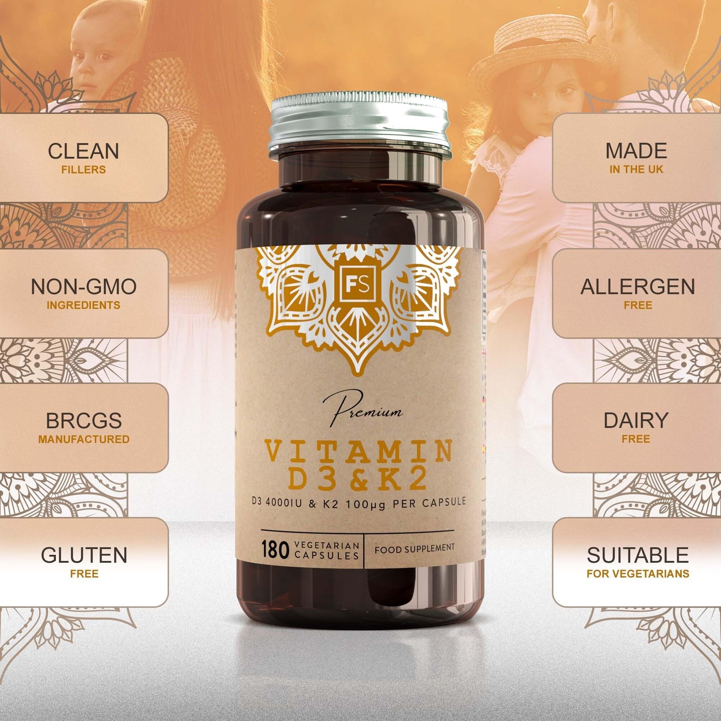 FS Vitamin D3 K2 | 180 D3 and K2 Vitamin Capsules - High Strength Vitamins D3-4000 iu & K2-100μg per Serving | Vitamins D&K2 Supplements | Non-GMO & Allergen Free | Made in The UK