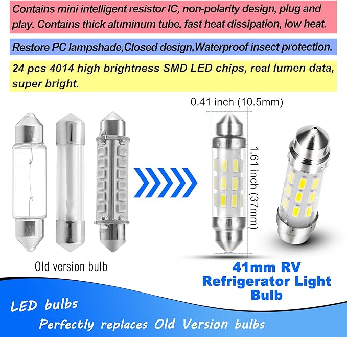 41mm/1.6" 214-2 RV Refrigerator Light Bulb DC 12V Super White Replacement LED Festoon Bulbs for Trailer Camper Motorhome Concession Stands Food Trucks RV Fridge Refrigerator Interior Light Bulb,2 Pack