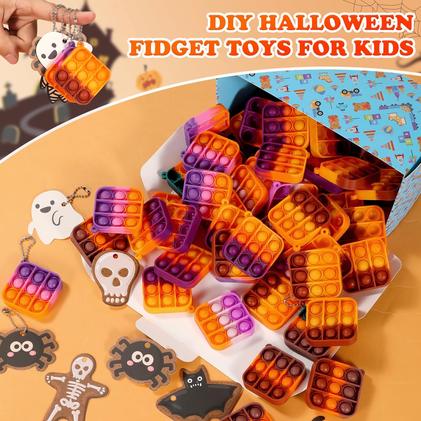 64Pack Halloween Mini Pop Fidget Toys Pack with Cartoon Letter Party Favors, Silicone Squeeze Pop Bubble Fidget Bulk Sensory Toys, Pop Keychain Bubble Toy Party Bag Fillers for Kids