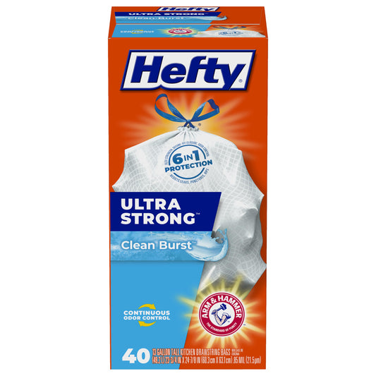 Hefty Ultra Strong 13 Gallon Trash Bags, Tall Kitchen Trash Bags 13 Gallon Size, Drawstring Closure, Continuous Odor Control, White, Clean Burst Scent, 40 Bags
