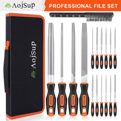 AojSup 17Pcs Metal File Set, Professional Files Tools, Premium Metal Files with Suitcase, 4X Large Files - Flat/Triangle/Half-Round/Round File&12x Needle Files, Perfect for Wood, Metal&DIY Project
