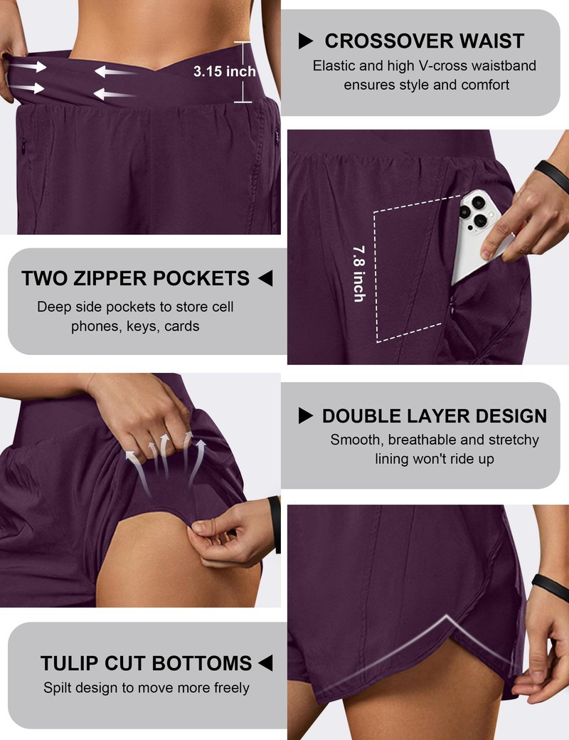 Blooming Jelly Women's Workout Shorts Athletic Running Cross V Cut Waist Work Out Preppy Shorts with Zipper Pockets (Purple,X-Large)