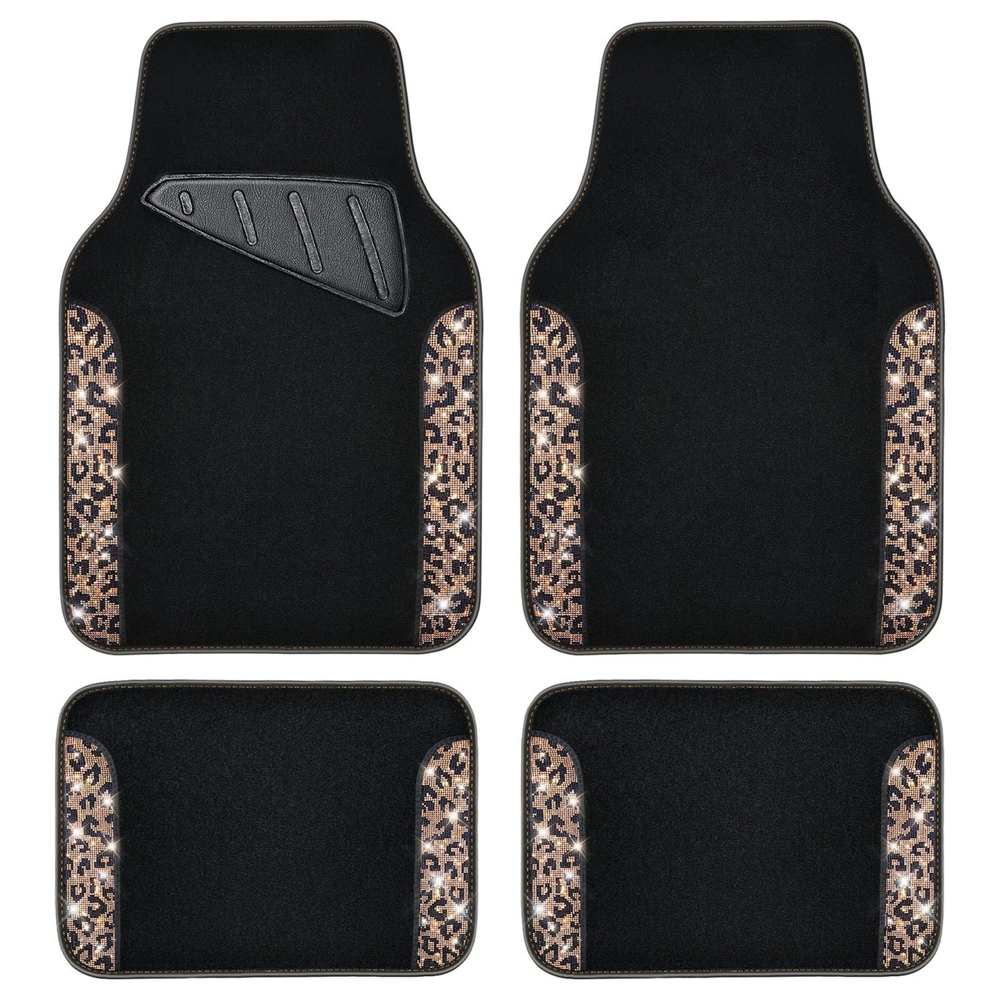 CAR PASS Bling Diamond Car Floor Mats, Shining Rhinestone Carpet Sparkly Glitter Crystal with Anti-Slip PVC Heel Pad Waterproof Universal Fit Automotive SUV,Sedan,Van,Cute Girl Women,4pcs Gold Leopard