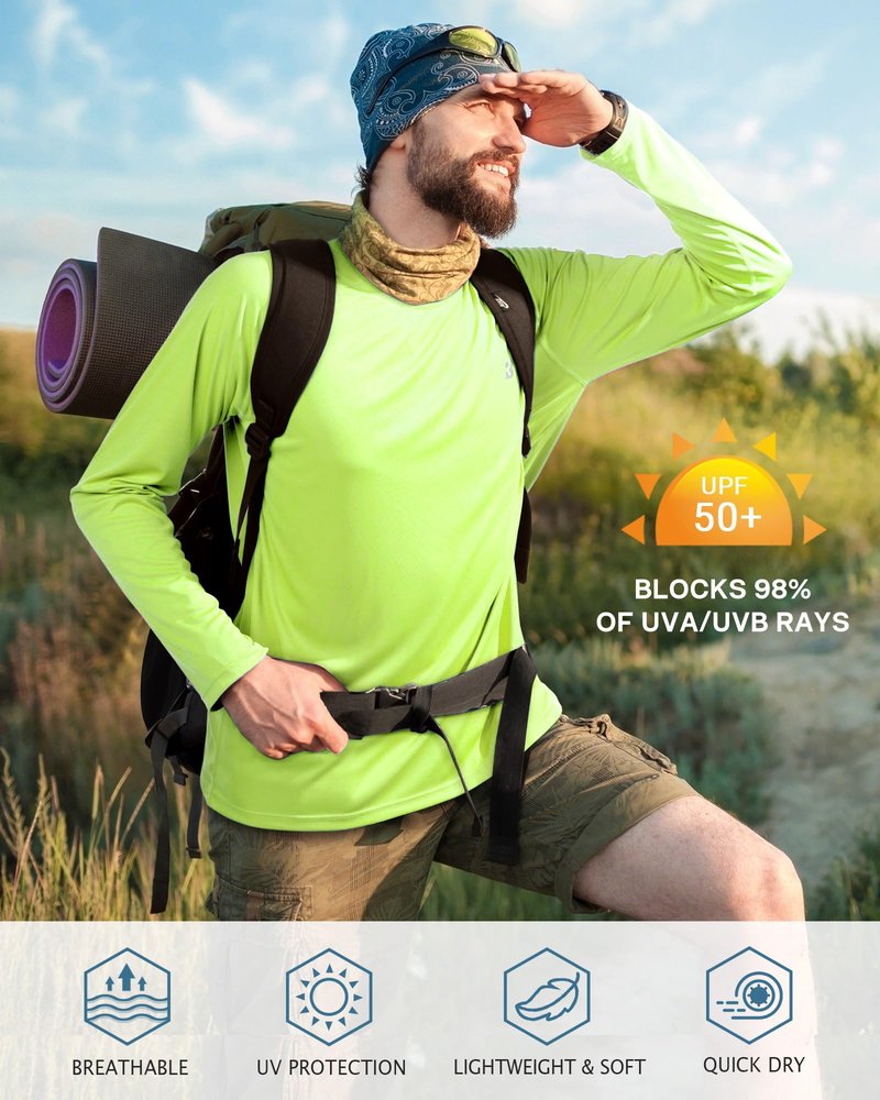 Roadbox Mens UPF 50+ Long Sleeve SPF Diving Rash Guard UV Sun Protection Shirts for Outdoor Fishing Hiking Swimming Running Neon Green