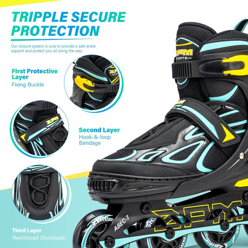 2PM SPORTS Vinal Girls and Boys Adjustable Flashing Inline Skates, All Wheels Light Up, Fun Illuminating for Kids and Women- Cyan M