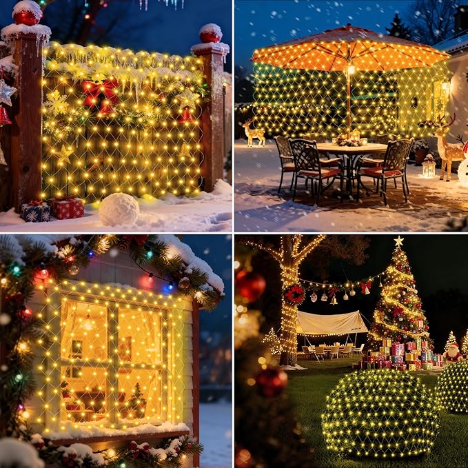 Hezbjiti Battery Operated Christmas Lights Outdoor 100 LED 5FT x 3.3FT Waterproof Timed Memory Net Mesh Lights for Xmas Trees Bushes Garden Yard Lawn Patio Christmas Decor (1 Pack Warm White)