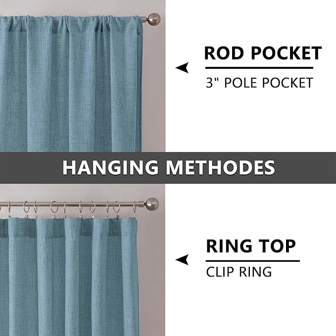 Tollpiz Linen Curtain Living Room Rod Pocket Semi Sheer Curtains Burlap Light Filtering Thick Linen Drape for Bedroom, 54 x 72 inches Long, Dusty Blue, Set of 2 Panels