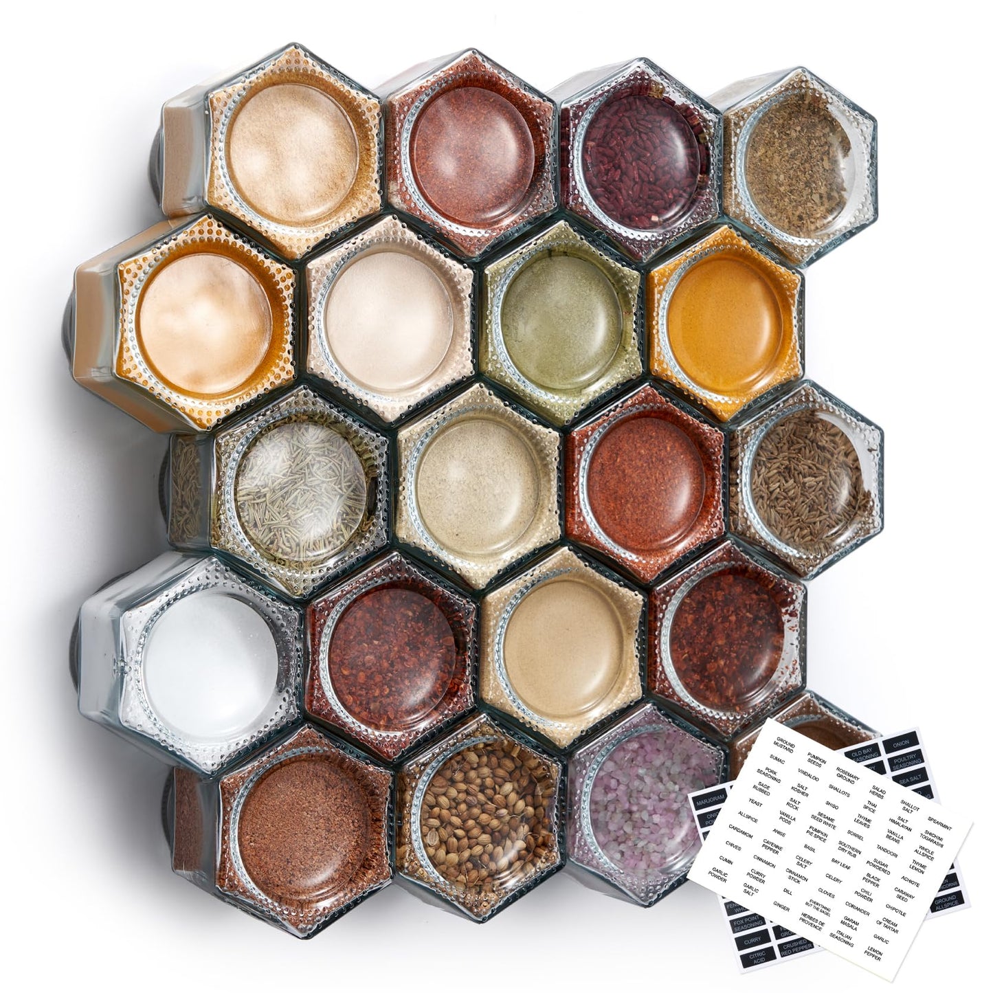 Homazing Set of 20 Large 4oz Magnetic Spice Jars for Refrigerator, Hexagon Glass Magnetic Spice Jars with Shaker Lids and Labels for Kitchen RV Travel Trailer, Magnetic Spice Containers for Fridge