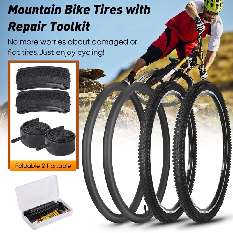 26 Inch Bike Tire, 2Pack 26 x 1.95 Bike Tires & Tubes with Repair Kit, Folding Portable 26 MTB Tires, Replaceable Bicycle Tires 26x1.95 with Inner Tubes and Levers for City Roads, Muddy Trails