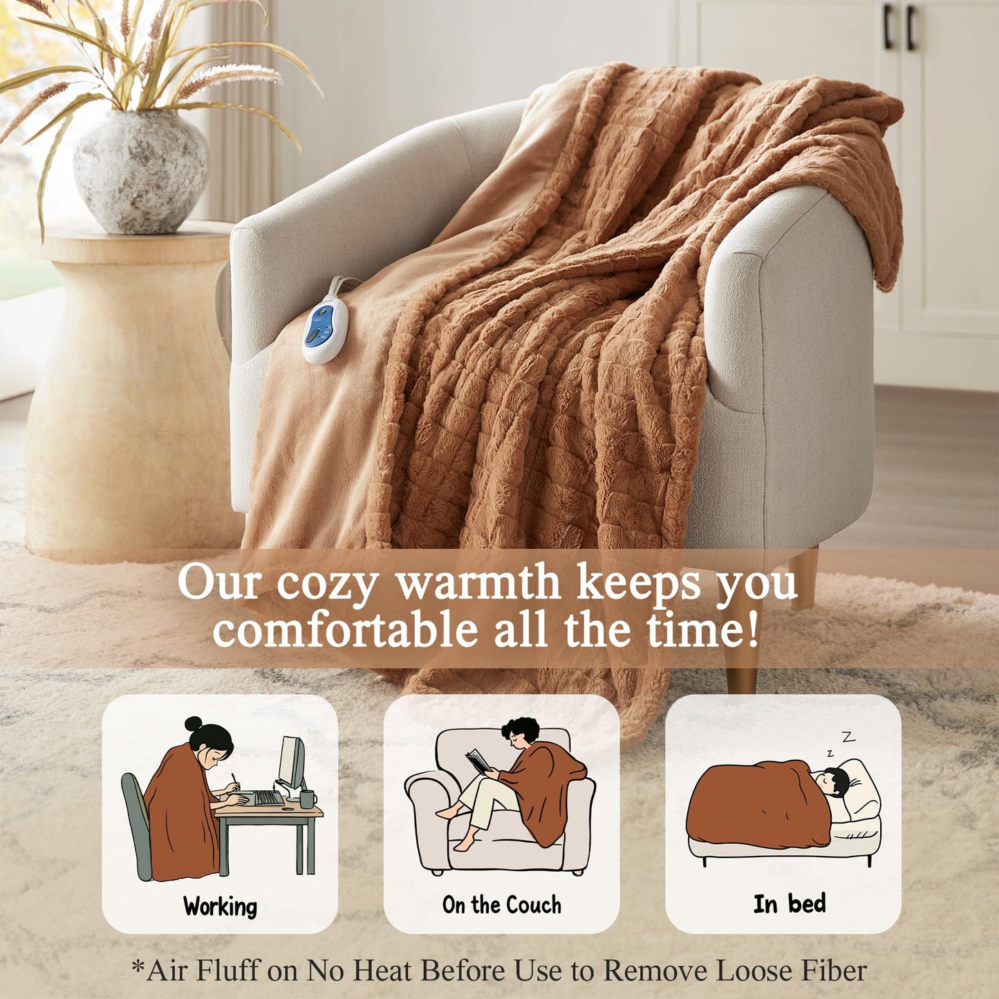 Beautyrest Zuri Reversible Faux Fur to Mink Electric Blanket, Auto Shut Off, Virtually Zero EMF, Multi Heat Setting, UL Certified, Machine Washable, Natural Marble Throw 50x70