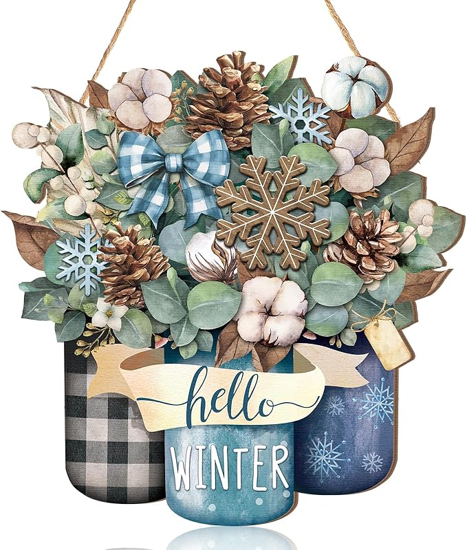 Boao Welcome Winter Door Decoration Hello Winter Wooden Sign Wall Snowflake Hanger Plaque for Christmas Outdoor Indoor Farmhouse Porch Decor