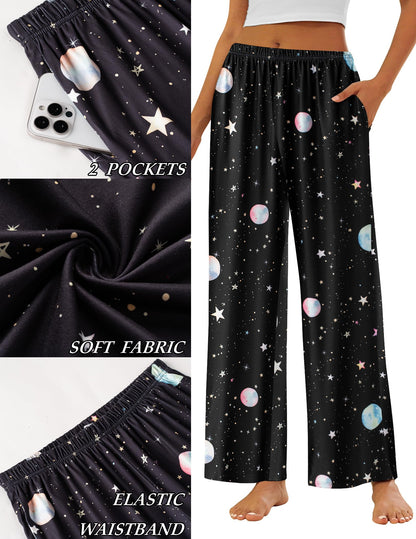 Ekouaer Pajama Pants for Women Soft Comfy Pajama Bottoms Casual Stretch Wide Leg Pants with Pockets Planet Large