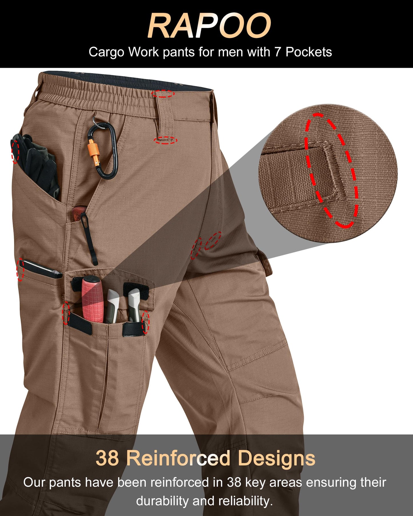 Rapoo Tactical Pants for Men Cargo Working Fishing Hiking Pants for Men with Pockets Mens Pants Brown 40Wx30L