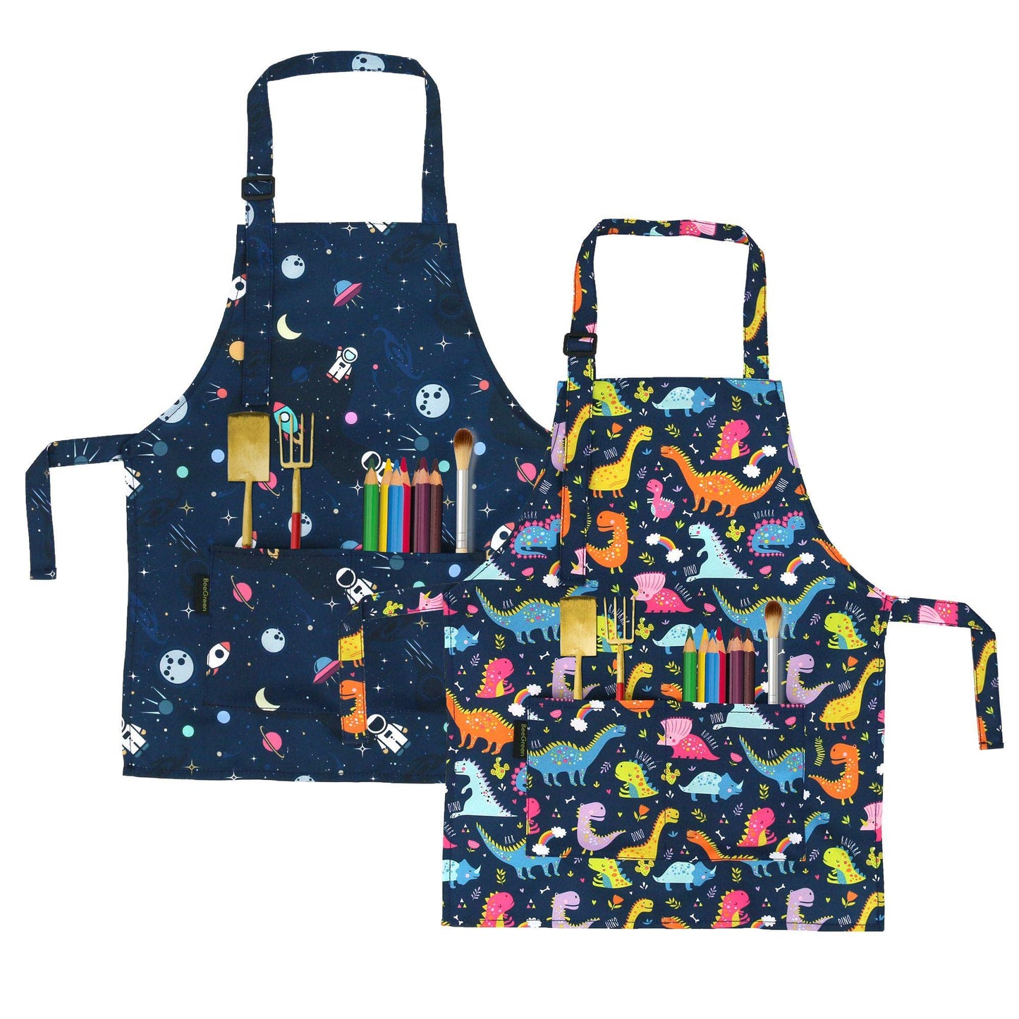 BeeGreen Kids Apron 2 Pack Cooking Aprons with Adjustable Strap Kids Kitchen Aprons with Front Pocket for Girls Toddler Painting Baking Artist Washable Foldable Lightweight (Dinosaurs+Space Planets)