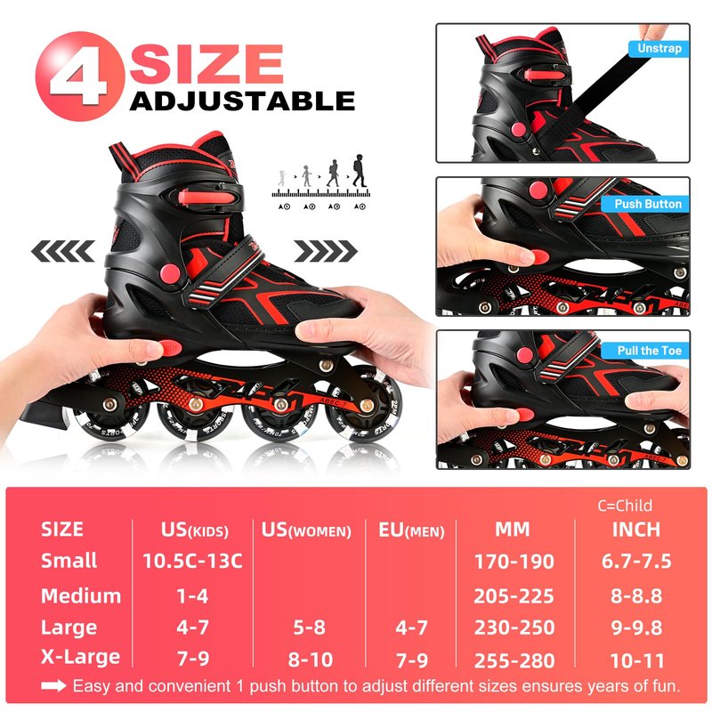 2PM SPORTS Inline Skates for Boys Kids Girls Ages 5-8 8-12 4-6 6-12 with Light Up Wheels, Adjustable Kids Roller Skates Blades for Adults Women Female Beginners Youths Red, Medium - Big Kid (1-4 US)