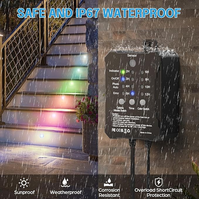 HIBOITEC RGB Deck Lights Kit with Low Voltage Transformer Timer and Photocell Sensor Outdoor IP67 Waterproof for Garden Yard Stair Patio 10 Packs