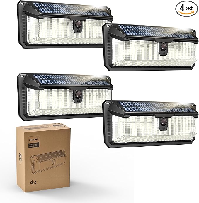Philips Solar Lights Motion Sensor Outdoor, 258 LEDs Solar Powered Security Lights, 3 Lighting Modes, Waterproof Wall Light for Outside Yard Fence Garden Garage